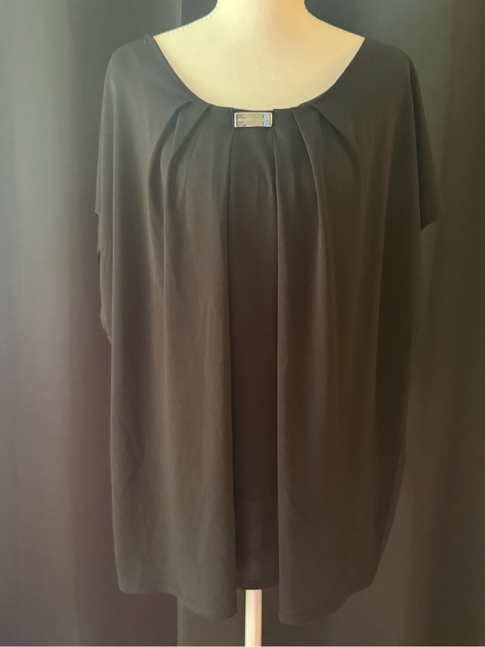 Adrienne Vittadini Black Pleated Tunic with Metal Accent